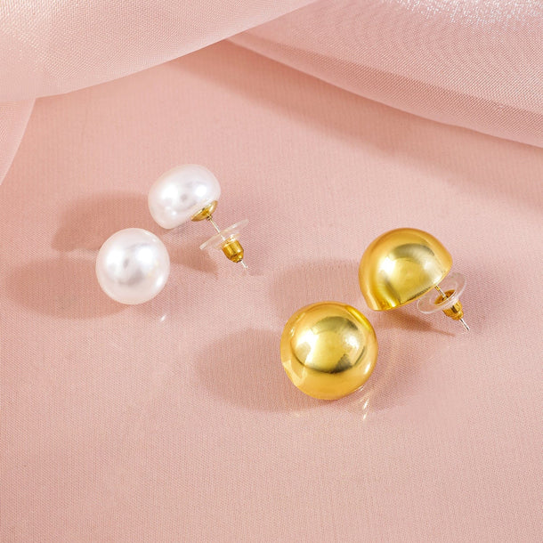 Rubans Set of 2 Gold-Plated Circular White & Gold Pearl Stud Earrings Earrings