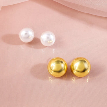 Rubans Set of 2 Gold-Plated Circular White & Gold Pearl Stud Earrings Earrings