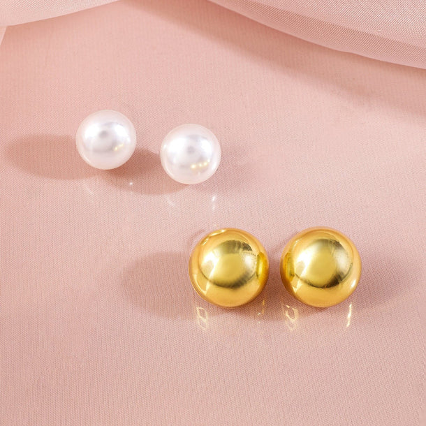 Rubans Set of 2 Gold-Plated Circular White & Gold Pearl Stud Earrings Earrings