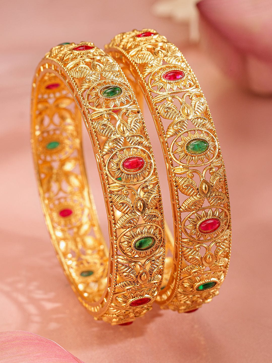 Rubans Set Of 2 Gold-Plated Stone-Studded & Beaded Bangles Bangles & Bracelets