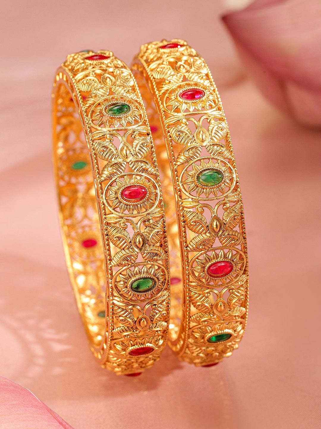 Rubans Set Of 2 Gold-Plated Stone-Studded & Beaded Bangles Bangles & Bracelets