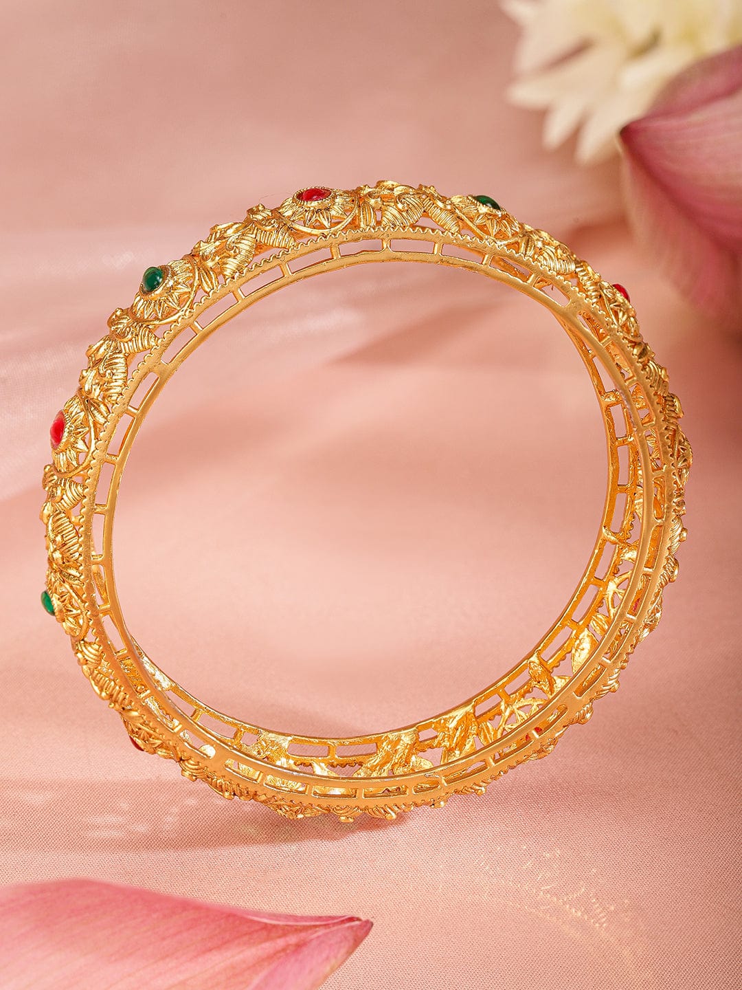 Rubans Set Of 2 Gold-Plated Stone-Studded & Beaded Bangles Bangles & Bracelets