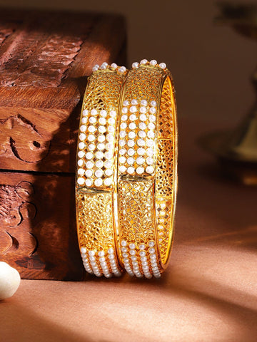 Rubans Set Of 2 Gold-Plated & White Pearl-Studded Filgree Handcrafted Bangles Bangles & Bracelets