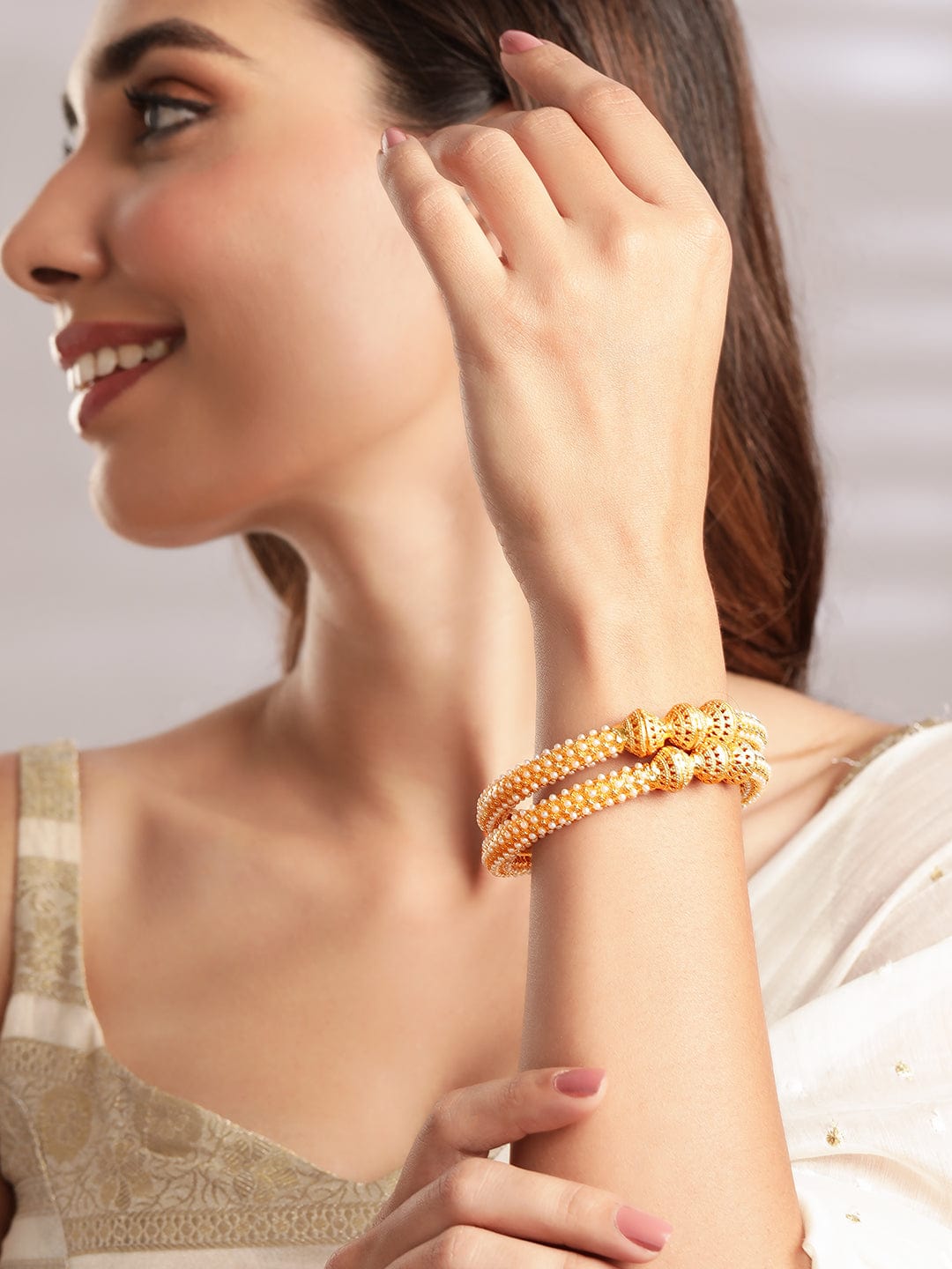 Rubans Set Of 2 Gold-Plated  White Pearls-Studded Handcrafted Bangles Bangles & Bracelets