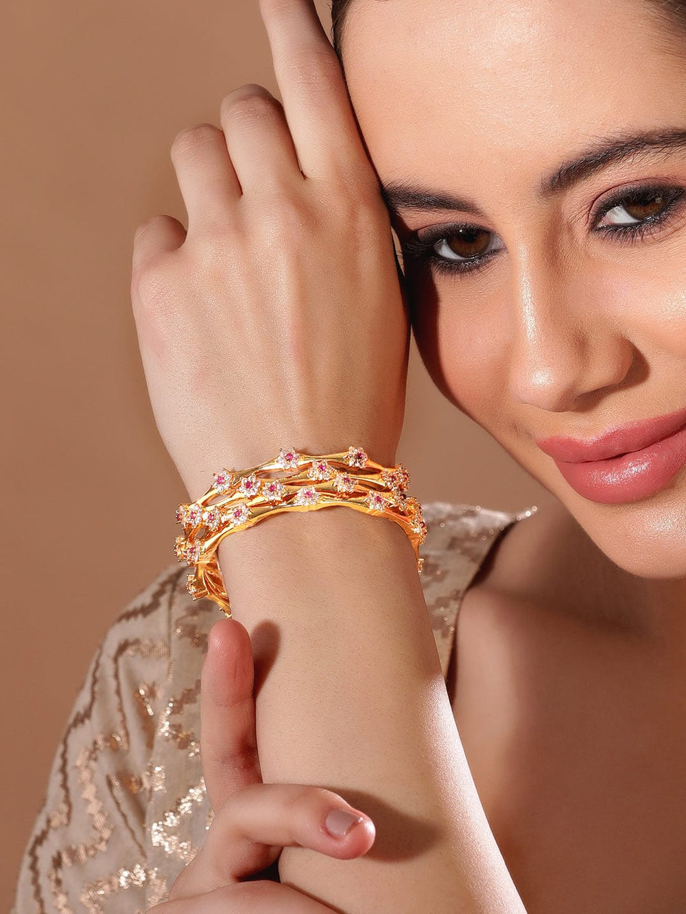 Rubans Set Of 2 Gold-Plated White Studded Handcrafted Bangles Bangles & Bracelets