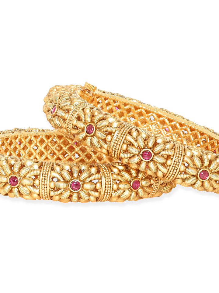 Rubans  Set Of 2 Gold Tone Bangles With Pink Stone Bangles & Bracelets