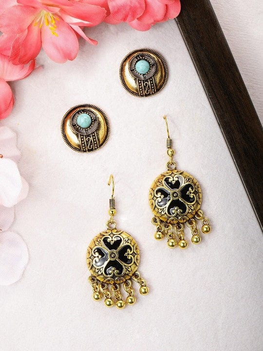 Rubans Set of 2 Gold-Toned & Black Classic Studs Earrings Studs