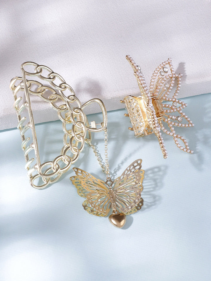 Rubans set of 2, Gold toned pearl studded butterfly motif dangler hair claw clips Hair Accessories