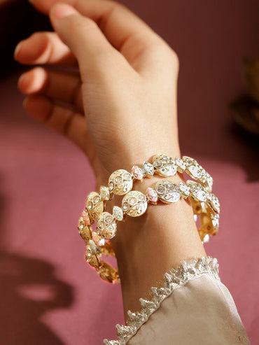 Rubans Set of 2 Handcrafted 18K Gold-Plated Pastel Colour Enamel Bangles with White Stone Bangles & Bracelets
