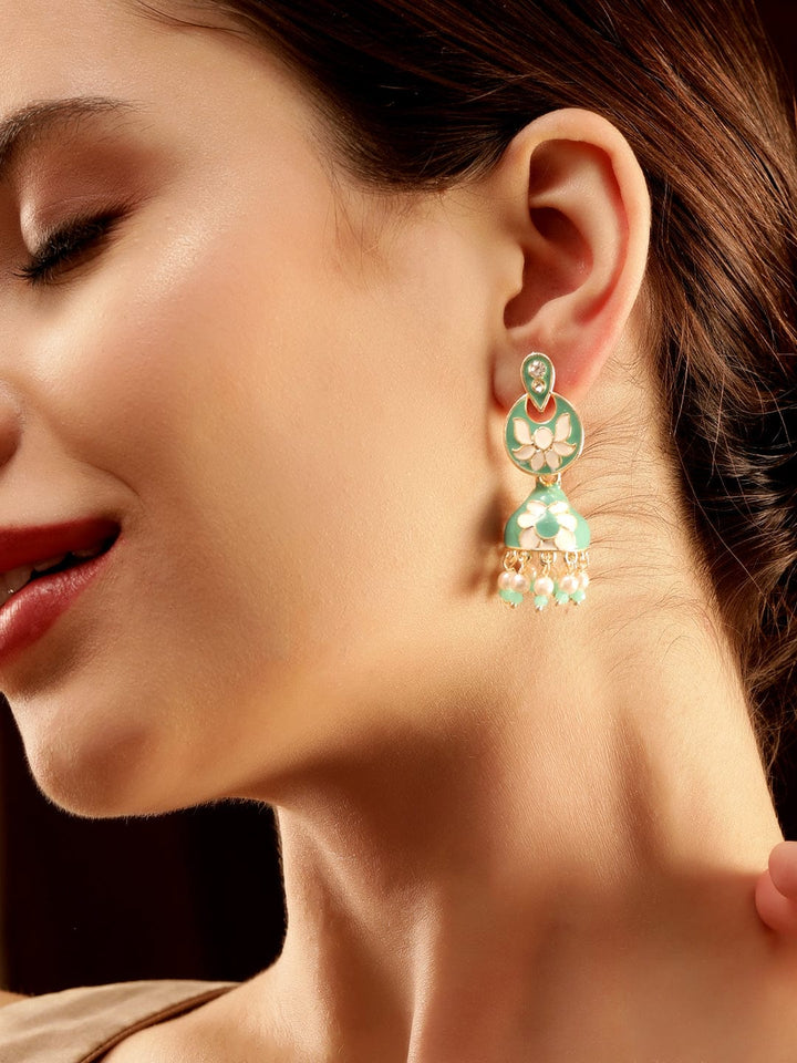 Rubans set of 2, Meenakari Mint blue and Mint green Jhumka with White Beads Earrings Earrings