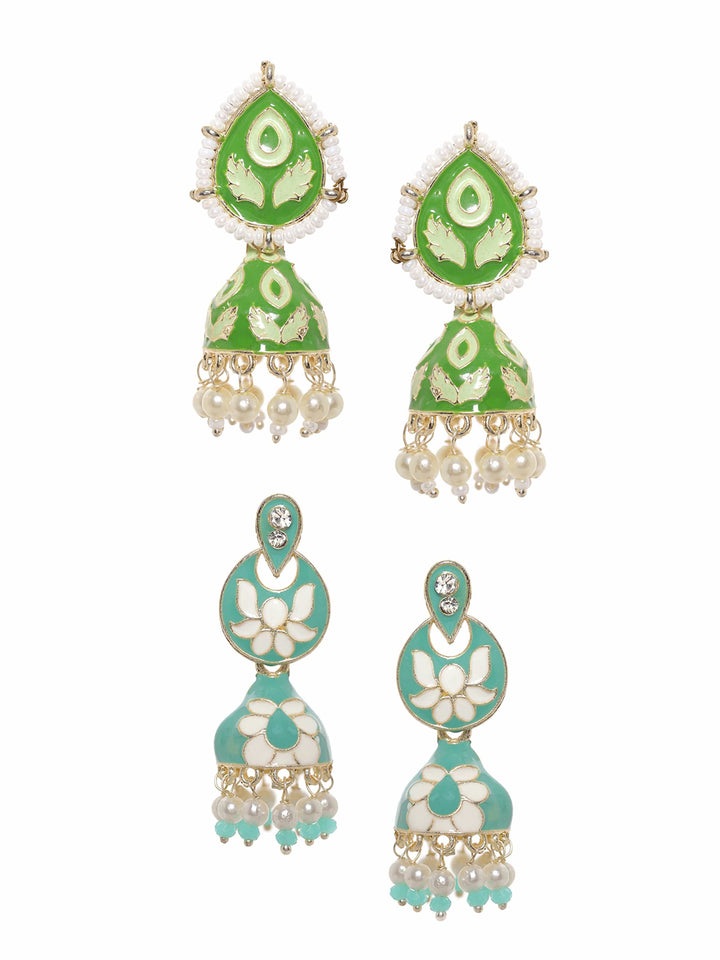 Rubans set of 2, Meenakari Mint blue and Mint green Jhumka with White Beads Earrings Earrings