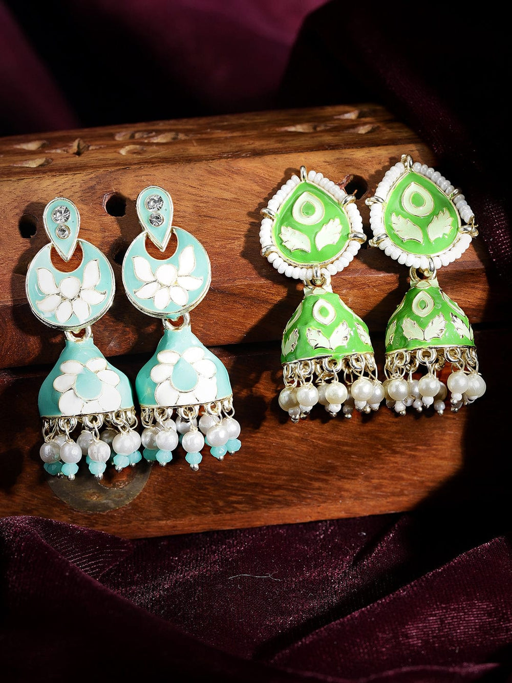 Rubans set of 2, Meenakari Mint blue and Mint green Jhumka with White Beads Earrings Earrings