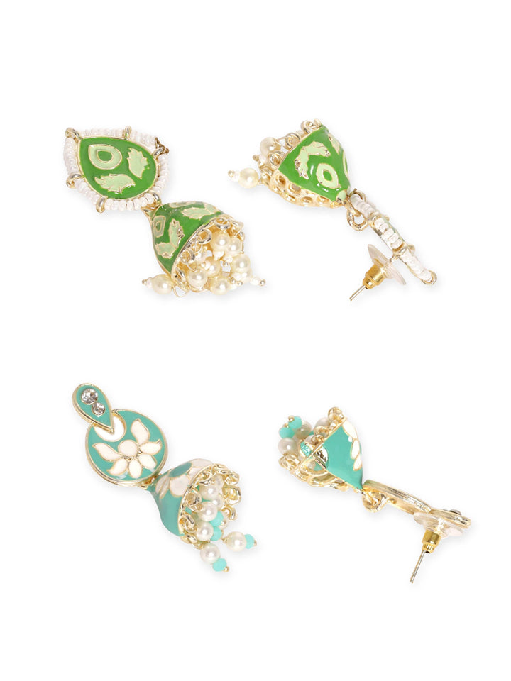 Rubans set of 2, Meenakari Mint blue and Mint green Jhumka with White Beads Earrings Earrings