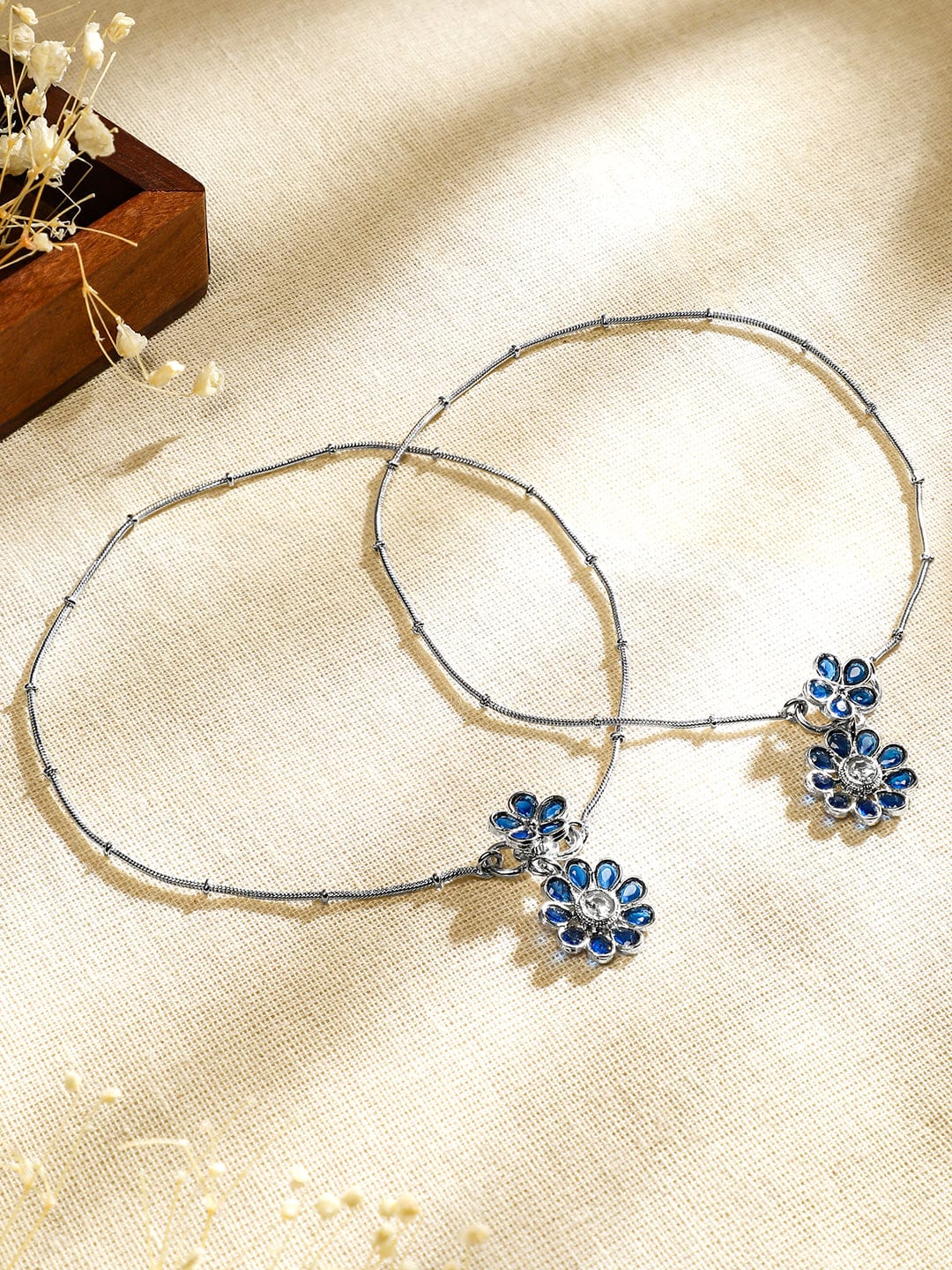 Rubans Set of 2 Oxidised Silver-Plated Blue Kundan Floral Charm Anklets Anklets