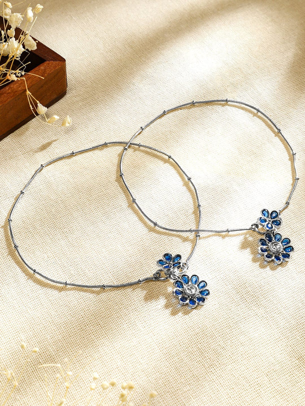 Rubans Set of 2 Oxidised Silver-Plated Blue Kundan Floral Charm Anklets Anklets