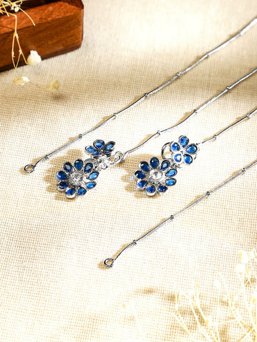 Rubans Set of 2 Oxidised Silver-Plated Blue Kundan Floral Charm Anklets Anklets