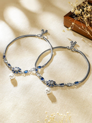 Rubans Set of 2 Oxidised Silver-Plated Blue & White Kundan Stone Anklets with Pearl Accents Anklet