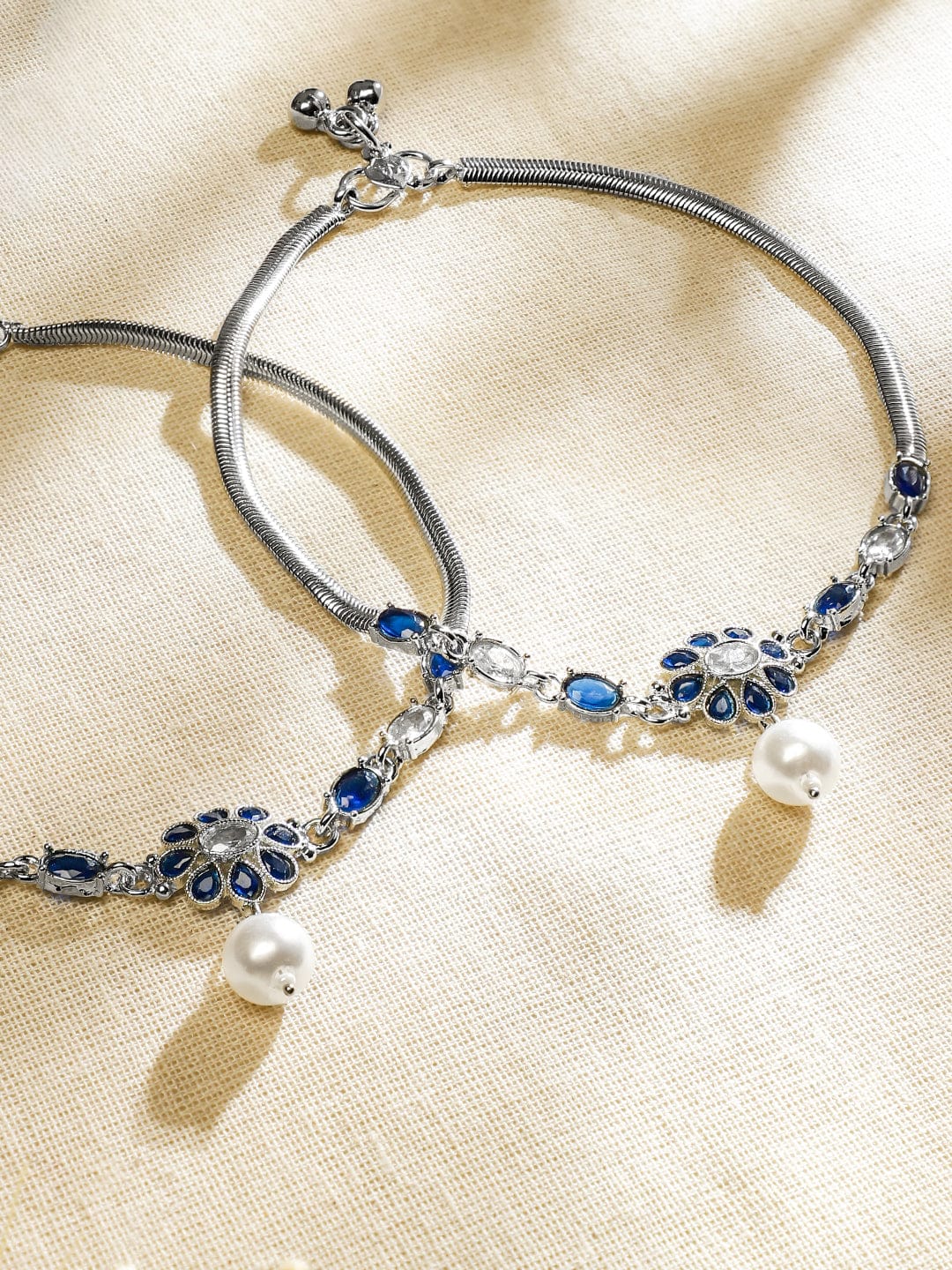 Rubans Set of 2 Oxidised Silver-Plated Blue & White Kundan Stone Anklets with Pearl Accents Anklets
