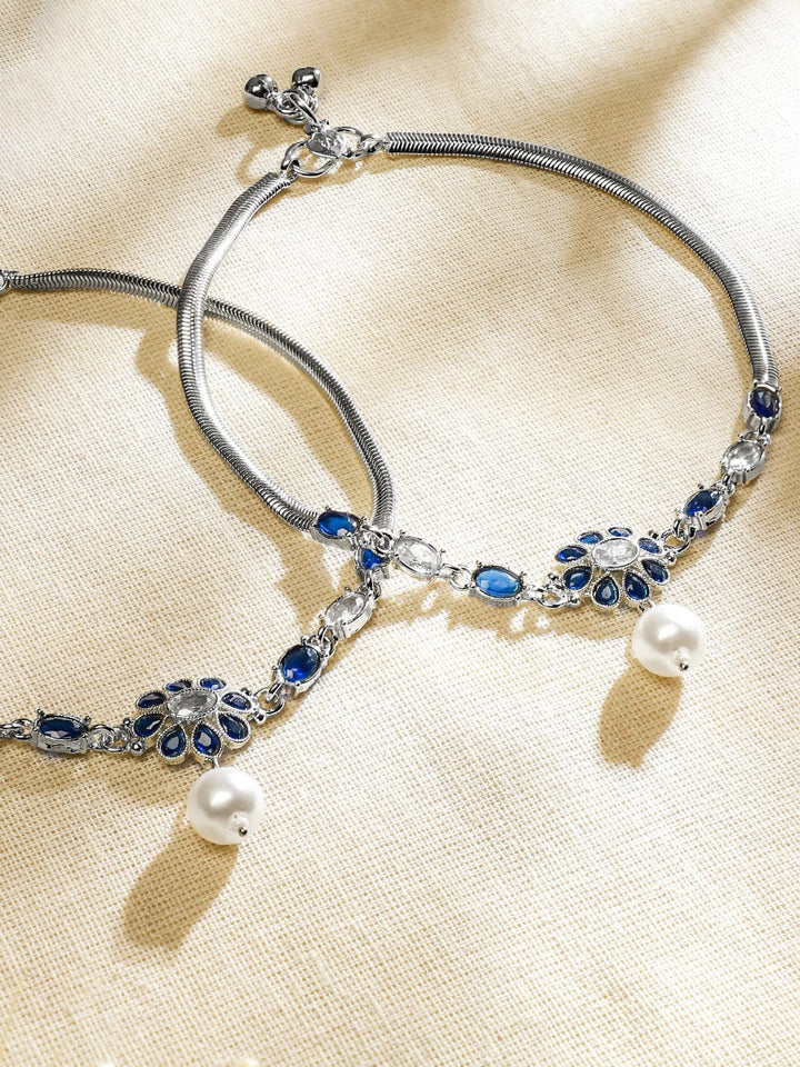 Rubans Set of 2 Oxidised Silver-Plated Blue & White Kundan Stone Anklets with Pearl Accents Anklets