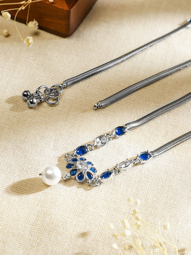 Rubans Set of 2 Oxidised Silver-Plated Blue & White Kundan Stone Anklets with Pearl Accents Anklets