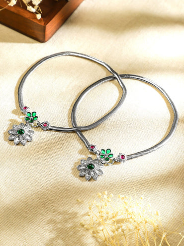 Rubans Set of 2 Oxidised Silver-Plated Ruby Pink & Emerald Green Kundan Stones Floral Charm Anklets Anklet