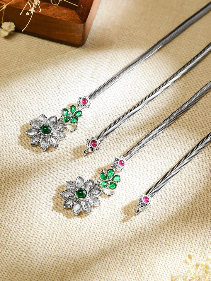 Rubans Set of 2 Oxidised Silver-Plated Ruby Pink & Emerald Green Kundan Stones Floral Charm Anklets Anklets
