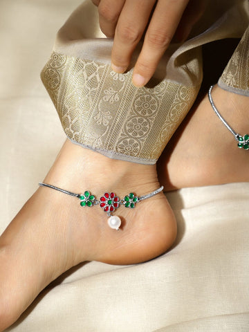 Rubans Set of 2 Oxidized Silver-Plated Ruby Pink & Emerald Green Kundan Floral Anklets with Pearl Accents Anklet
