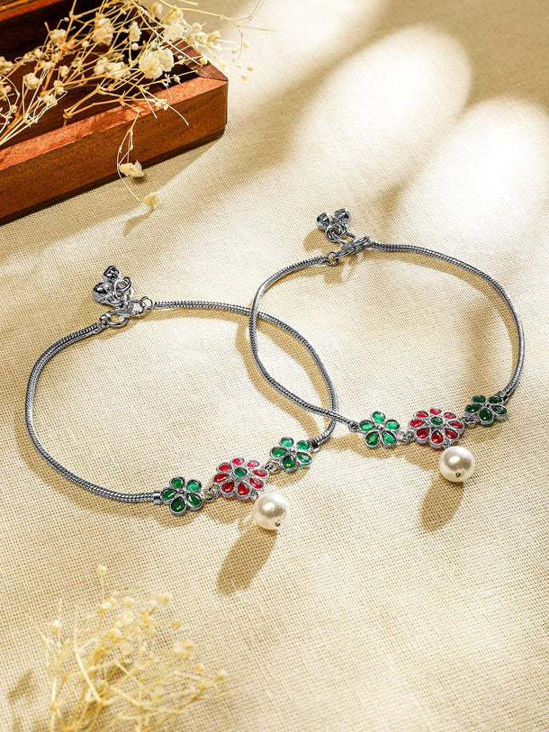 Rubans Set of 2 Oxidized Silver-Plated Ruby Pink & Emerald Green Kundan Floral Anklets with Pearl Accents Anklets