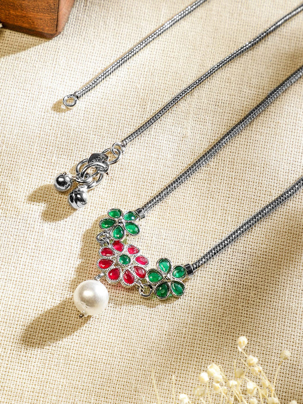 Rubans Set of 2 Oxidized Silver-Plated Ruby Pink & Emerald Green Kundan Floral Anklets with Pearl Accents Anklets