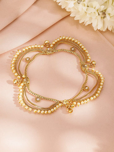 Rubans Set of 2 Pearls & Stone Studded 24K Gold Plated Layered Anklet Anklets