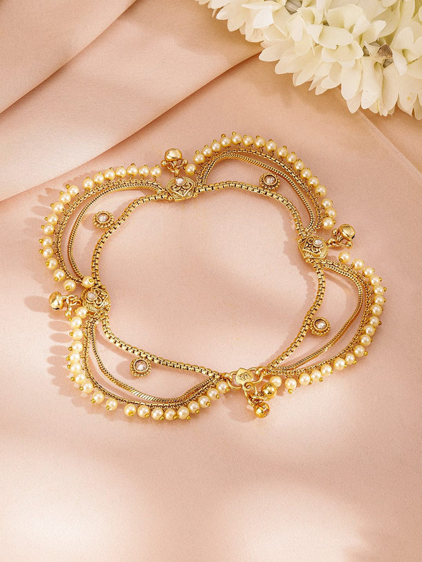 Rubans Set of 2 Pearls & Stone Studded 24K Gold Plated Layered Anklet Anklets