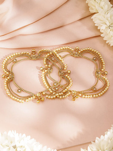 Rubans Set of 2 Pearls & Stone Studded 24K Gold Plated Layered Anklet Anklets