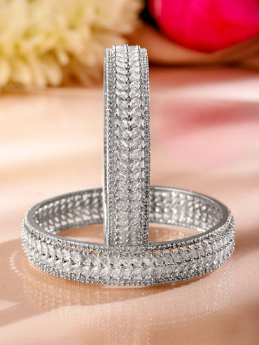 Rubans Set of 2 Premium Rhodium-Plated Cubic Zirconia Studded Leaf Motif Luxe Bangles Bangles