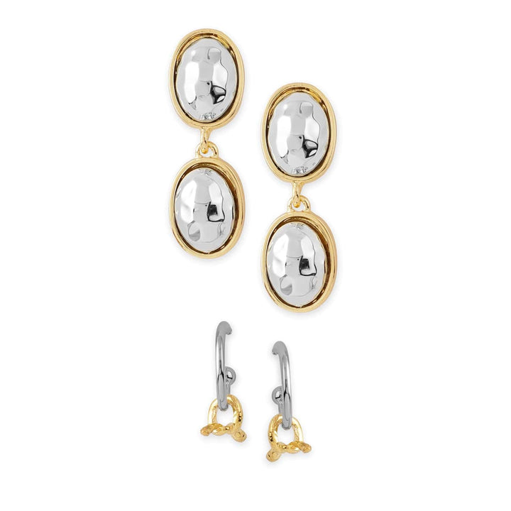 Rubans Set of 2 Rhodium & Gold-Plated Hammered Oval and Hoop Stud Earrings Earrings