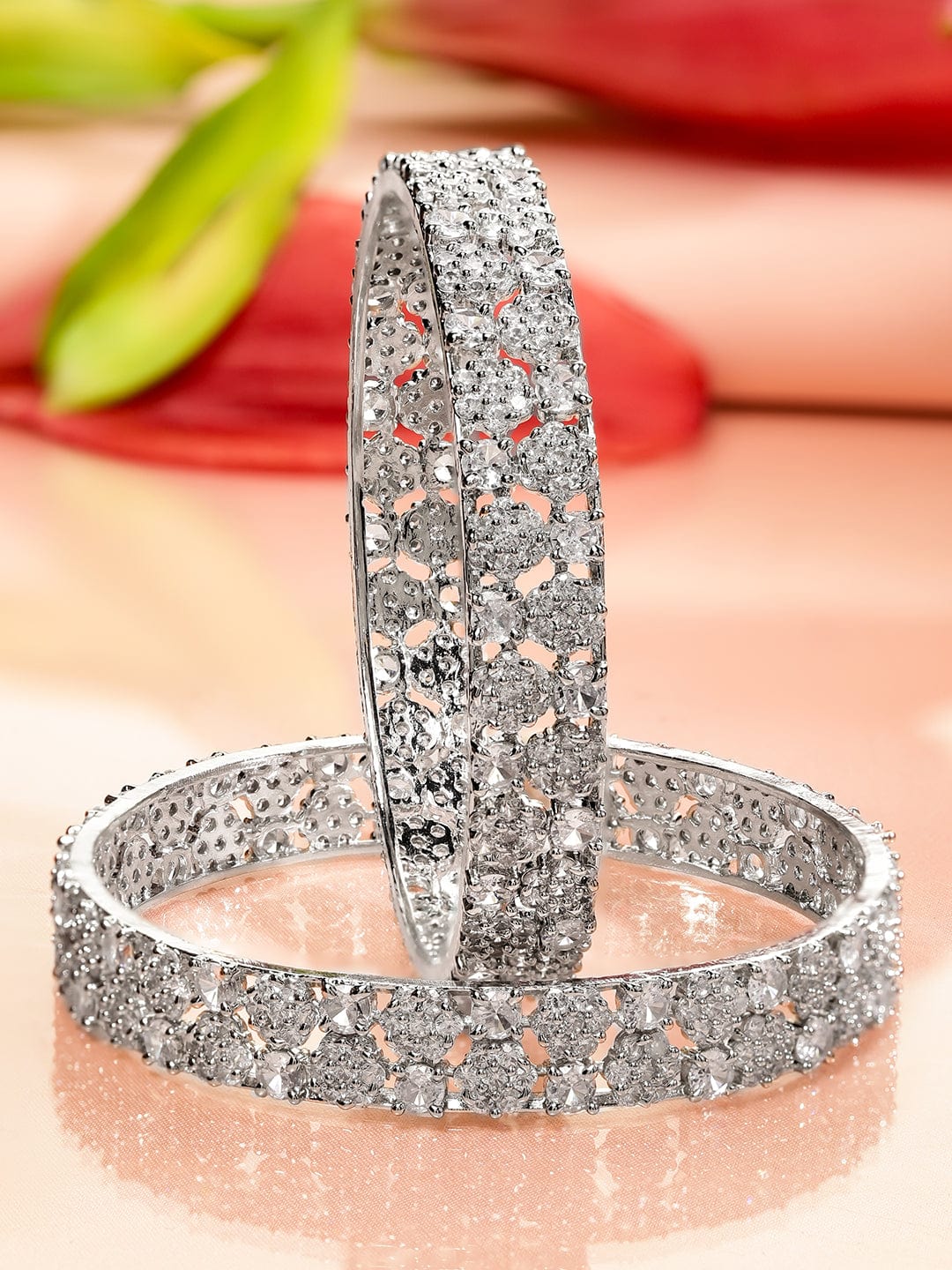 Rubans Set of 2 Rhodium-Plated AAA Cubic Zirconia Studded Handcrafted Premium Bangles Bangles & Bracelets