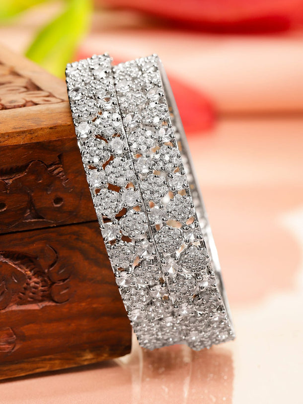 Rubans Set of 2 Rhodium-Plated AAA Cubic Zirconia Studded Handcrafted Premium Bangles Bangles & Bracelets