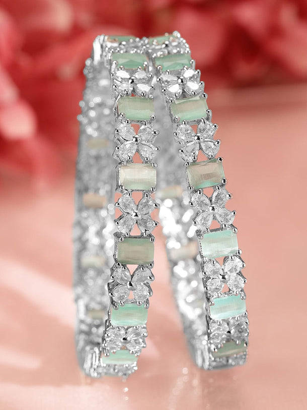Rubans Set of 2 Rhodium-Plated Bangles with Mint Green Stones & Cubic Zirconia Bangles & Bracelets