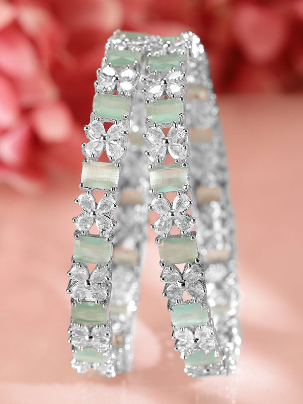 Rubans Set of 2 Rhodium-Plated Bangles with Mint Green Stones & Cubic Zirconia Bangles & Bracelets