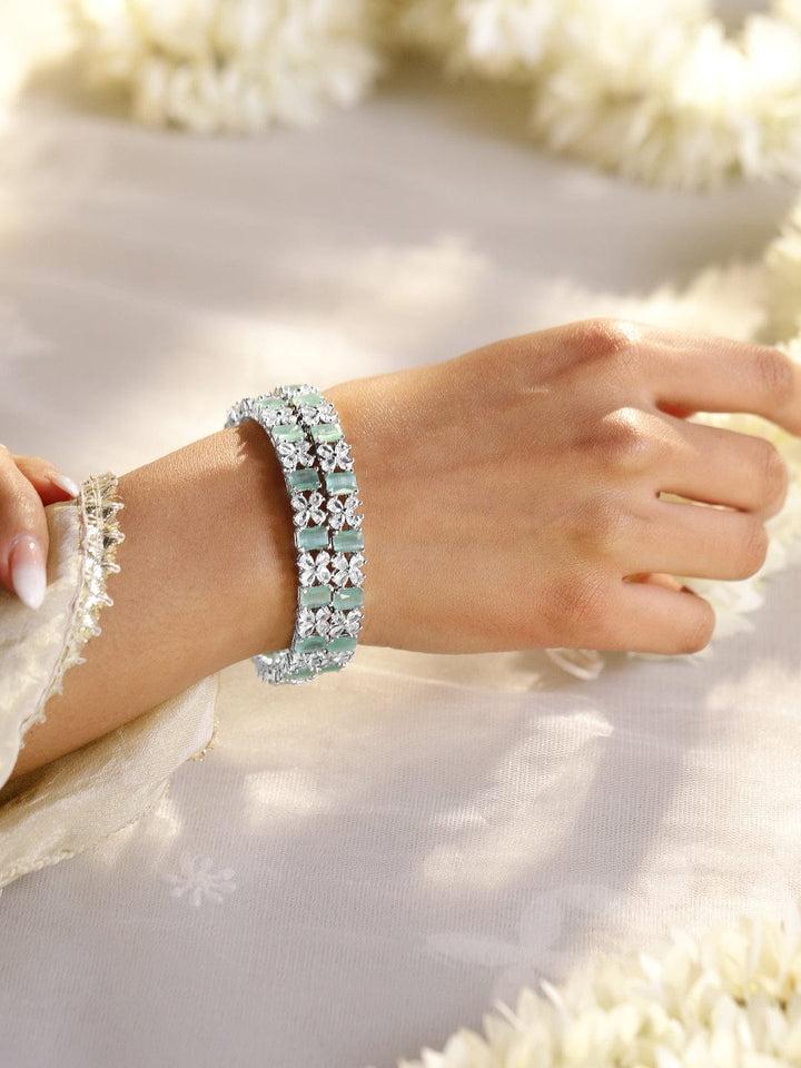 Rubans Set of 2 Rhodium-Plated Bangles with Mint Green Stones & Cubic Zirconia Bangles & Bracelets