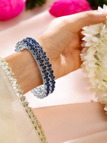 Rubans Set of 2 Rhodium-Plated Blue Sapphire Studded Handcrafted Premium Bangles Bangles