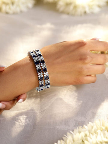 Rubans Set of 2 Rhodium-Plated Blue Sapphire & White Cubic Zirconia Studded Handcrafted Bangles Bangles & Bracelets