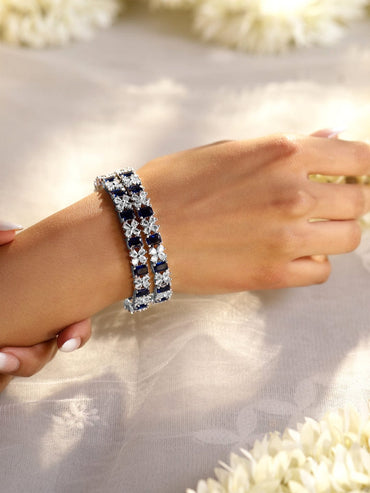 Rubans Set of 2 Rhodium-Plated Blue Sapphire & White Cubic Zirconia Studded Handcrafted Bangles Bangles & Bracelets