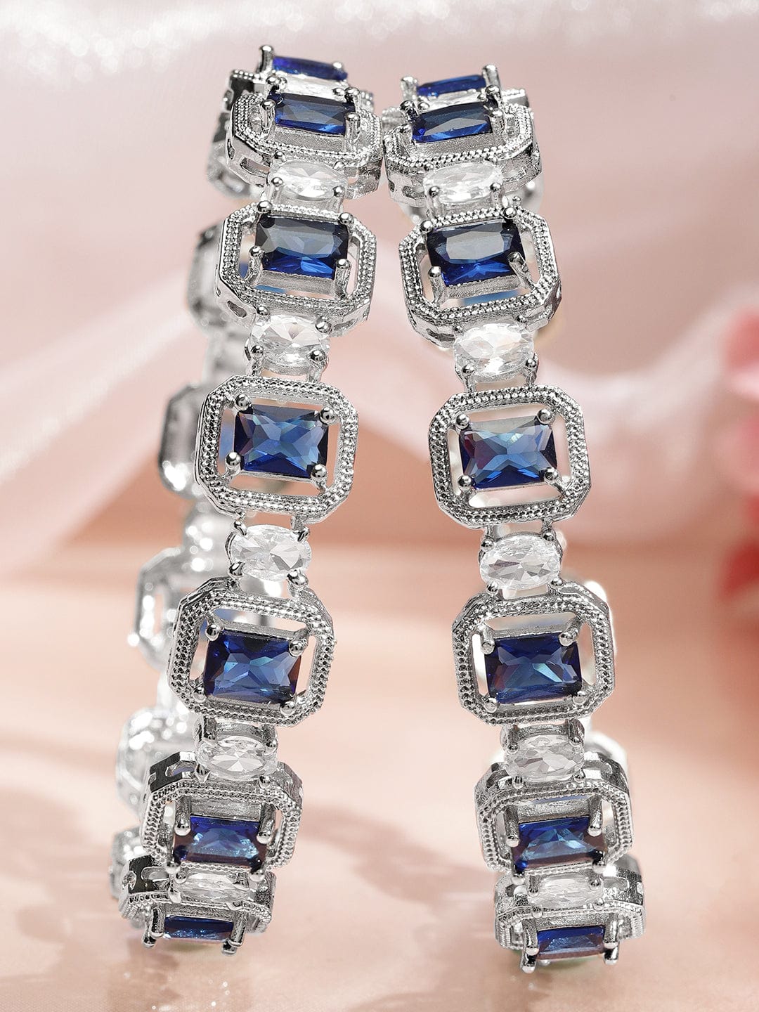 Rubans Set of 2 Rhodium-Plated Blue Sapphire & White Zirconia Studded Designer Bangles Bangles & Bracelets