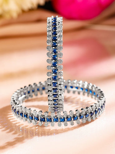 Rubans Set of 2 Rhodium-Plated Blue & White Cubic Zirconia Studded Handcrafted Luxe Bangles for Women Bangles & Bracelets