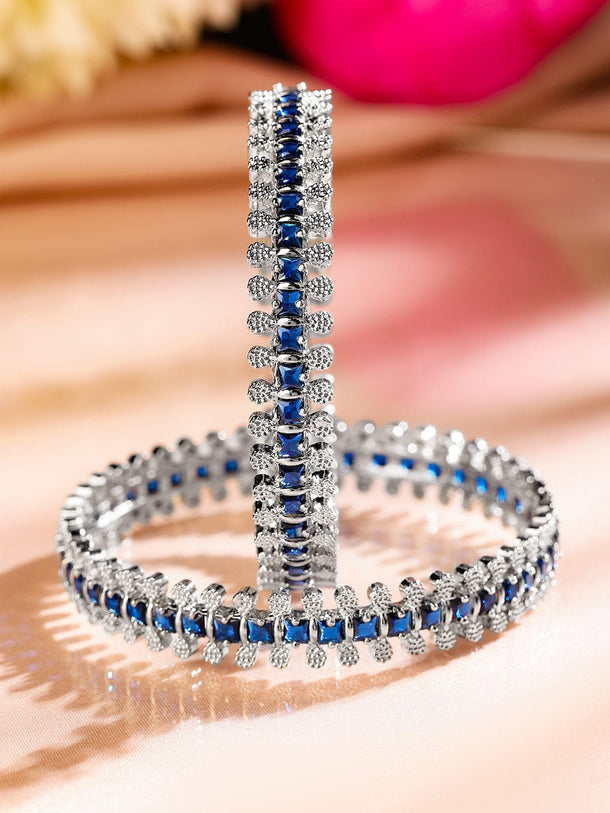 Rubans Set of 2 Rhodium-Plated Blue & White Cubic Zirconia Studded Handcrafted Luxe Bangles for Women Bangles & Bracelets