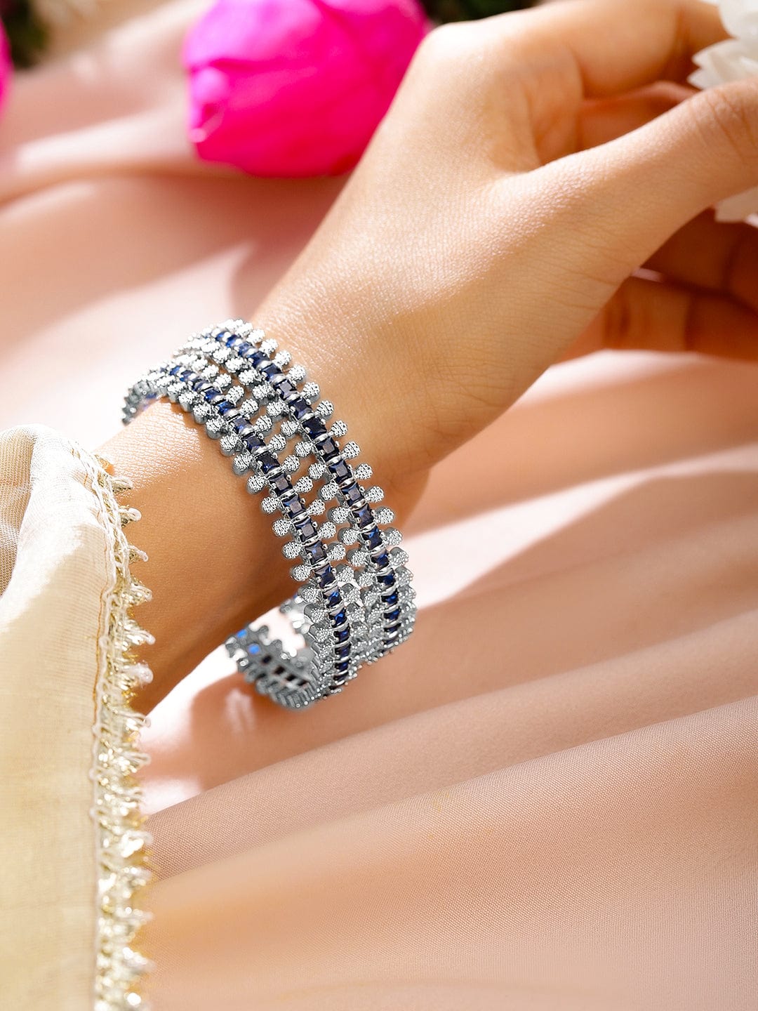 Rubans Set of 2 Rhodium-Plated Blue & White Cubic Zirconia Studded Handcrafted Luxe Bangles for Women Bangles & Bracelets
