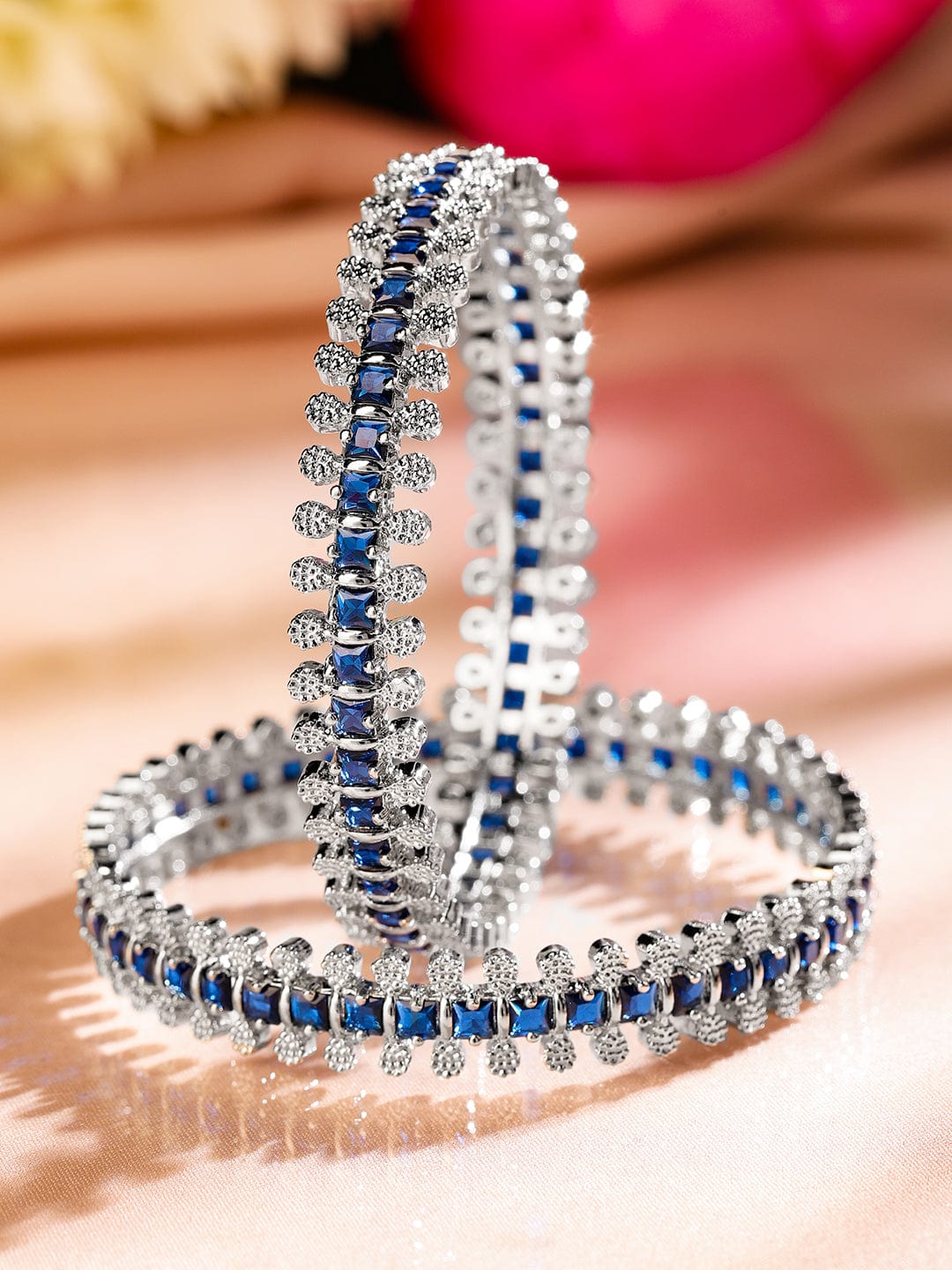 Rubans Set of 2 Rhodium-Plated Blue & White Cubic Zirconia Studded Handcrafted Luxe Bangles for Women Bangles & Bracelets