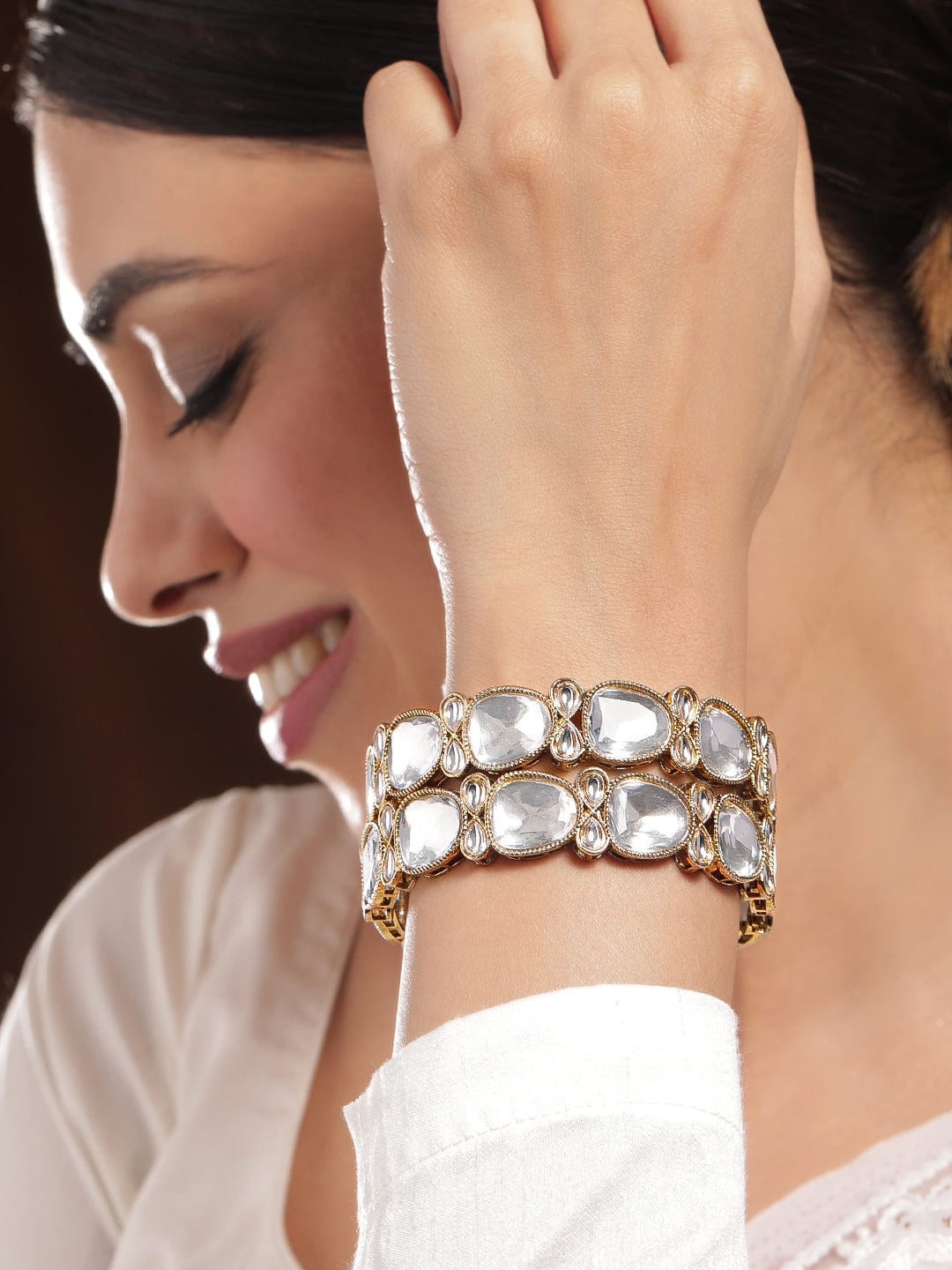 Rubans Set of 2 Rhodium-Plated Crystal White Cubic Zirconia Studded Premium Bangles Bangles