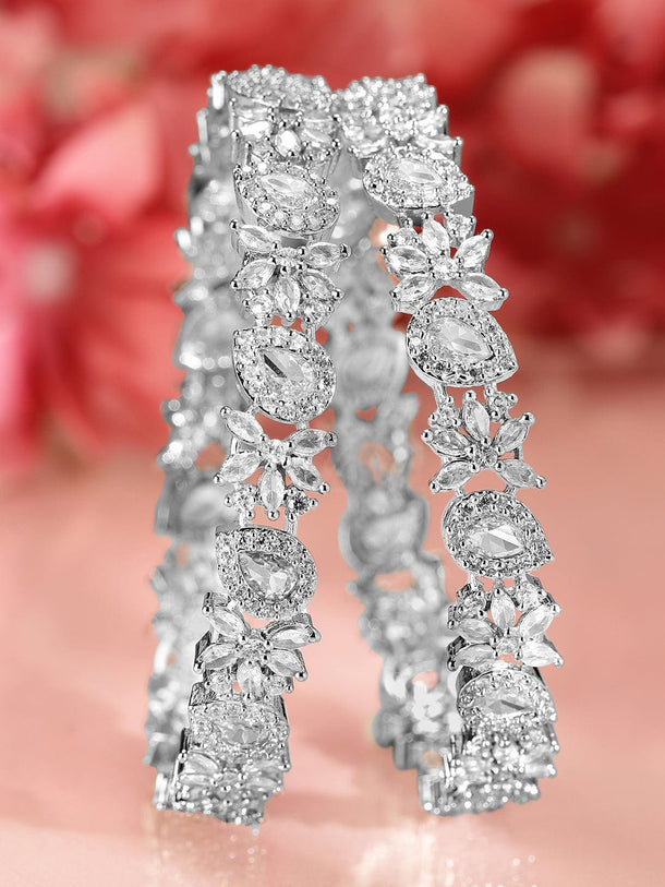 Rubans Set of 2 Rhodium-Plated Cubic Zirconia Studded Floral Pattern Premium Bangles Bangles & Bracelets
