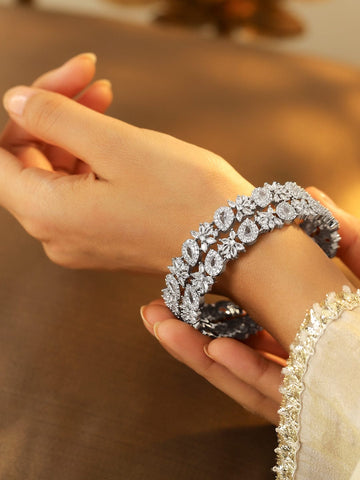 Rubans Set of 2 Rhodium-Plated Cubic Zirconia Studded Floral Pattern Premium Bangles Bangles & Bracelets